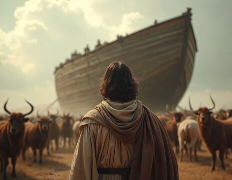Biblical scene, Noah stands before the ark with animals. A representation of faith, salvation, historical religious event. Illustrates the story of the Great Flood and covenant.