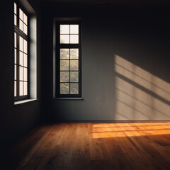 Empty interior room with warm sunlight through classic windows | Wooden floor and dark wall create cozy minimalist atmosphere | Perfect for real estate and interior styling ideas.