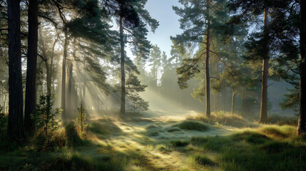 Sunlit forest landscape with misty morning rays | Serene woodland meadow and tall trees | Ideal for nature, tranquility, environment, mindfulness, wellness themes and outdoor adventures.