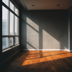 Empty modern apartment interior | Sunlit wooden floor and shadows | Large panoramic windows | Ideal real estate concept | Contemporary urban lifestyle | Neutral minimalist design.