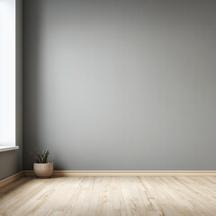 Empty minimalist interior room with soft sunlight | Gray wall, wooden floor and single plant decoration | Ideal for real estate showcase, interior decor, clean contemporary design.