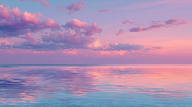 Serene pastel sunset over tranquil ocean | Gentle pink, purple sky with soft clouds reflected in calm water | Peaceful landscape ideal for relaxation, mindfulness, wellness, travel.