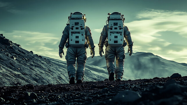 Two astronauts exploring a barren alien world under a cloudy sky space exploration adventure