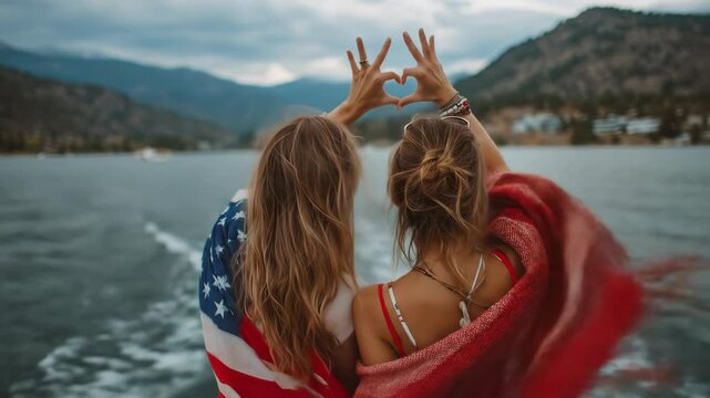 Two girls on boat making heart shape with hands. A scenic view, radiating love and friendship. American lifestyle, travel destination, shared experience. Independence Day. Fourth of July.