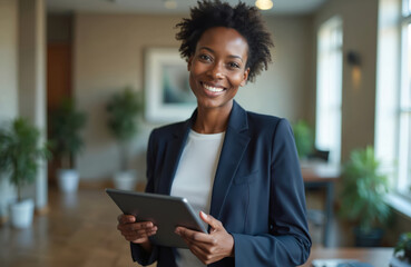 Smiling black woman lawyer in business suit holds tablet, happy working. African-american female in modern office, professional workplace, success, corporate, legal consultant.