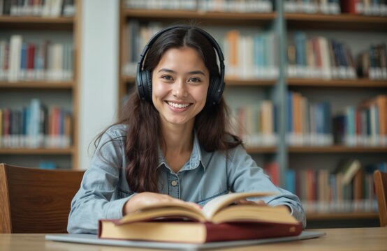 Young woman wearing headphones smiles in library. Student studies, reads book. College, university student is happy to learn. Indoor portrait. Education, study, exam, knowledge concept.