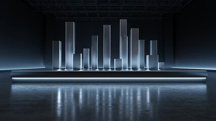 Camera slowly pans across large white abstract sculpture in spacious black gallery room, emphasizing contrast and form - Powered by Adobe