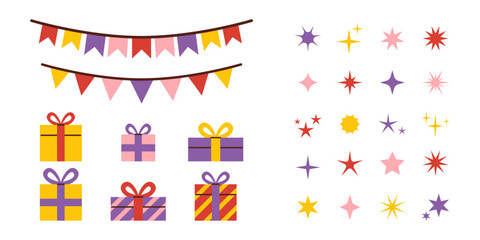 Fototapeta premium Vector flat collection of festive elements including flags, stars and gifts. Cute cartoon doodle set for celebration design decoration greeting or holiday clipart.