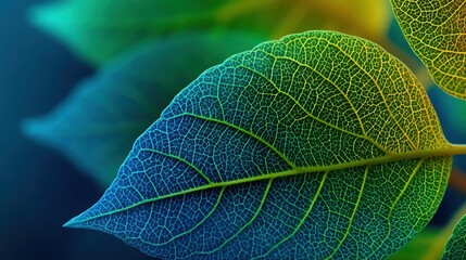 Obraz premium A detailed view of vibrant leaves showcases their intricate patterns and veins. The cool blue and green hues contrast beautifully with the soft backdrop, highlighting nature's artistry.