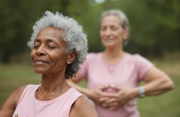 Senior African American woman, senior biracial woman practice yoga outdoors. Focus on meditation mindfulness, tranquility. Mature women enjoy exercise for wellness, health, peace, harmony, balance in