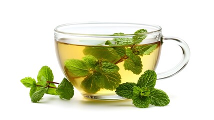 A refreshing cup of herbal tea with mint leaves, perfect for relaxation. The clear glass cup reveals the light green tea and fresh green leaves.