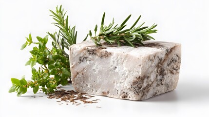 A beautifully arranged block of natural soap, garnished with fresh herbs and plants. A perfect composition for beauty products.