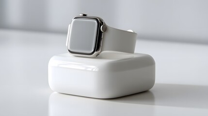 A modern smartwatch on a charging dock, showcasing sleek design and technological advancement. The image captures the simplicity and functionality of the device