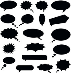 Vector art of a collection of various black speech bubbles and starburst shapes isolated on white background