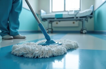 Hospital cleaner mops blue, white floor. Pro cleaning service. Focus on cleanliness, sterile environment. Medical bed in blurred background. Hygiene concept, health care, professional work, medical