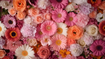 Colorful nature background with various fresh flower blooms. Full frame blossom with many types of petal. Spring or summer romantic texture.