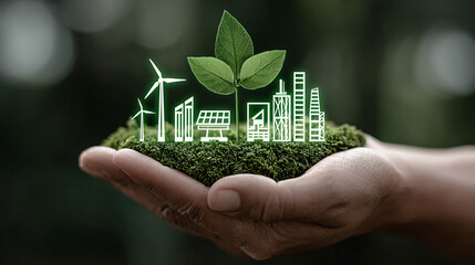 a dynamic illustration of a hand grasping symbols of renewable energy showcasing wind solar and hydro power highlighting the importance of sustainable practices in a greener future