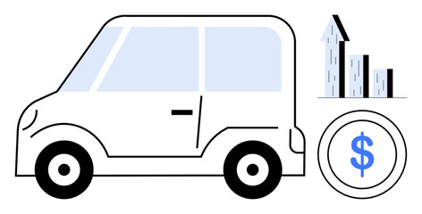 Compact car next to a dollar coin and upward bar graph. Ideal for automotive business, car loans, finance trends, economy, investment, transportation, financial goals, simple landing page