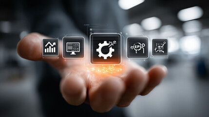 an innovative hand showcasing floating digital icons representing technology and connectivity capturing the essence of modern communication and the future of interactive experiences in everyday life