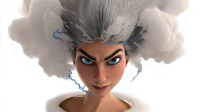 A fierce animated female character with intense blue eyes, gray hair transforming into clouds with electric blue lightning bolts, set against a bright white background - Powered by Adobe