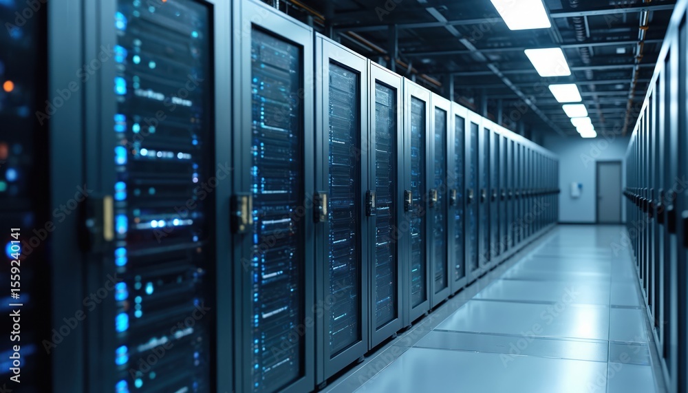 Aufkleber Modern data center with rows of powerful servers. Infrastructure supporting global digital connectivity, information storage, processing. Tech concept for cloud computing, data security, information