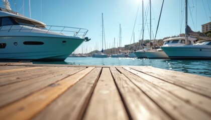 Fototapeta premium Scenic marina view, wooden dock foreground with yachts, sailboats moored. Blue water reflects sunlight, sky horizon, coastal travel vacation, summer leisure. Nautical scene, harbor. Luxury life,