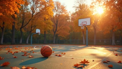 Empty basketball court during golden hour autumn evening. Orange leaves scattered. Hoops, net, backboard against sunset light. Sport activity, leisure, peaceful calm scene, relaxation. Nature park