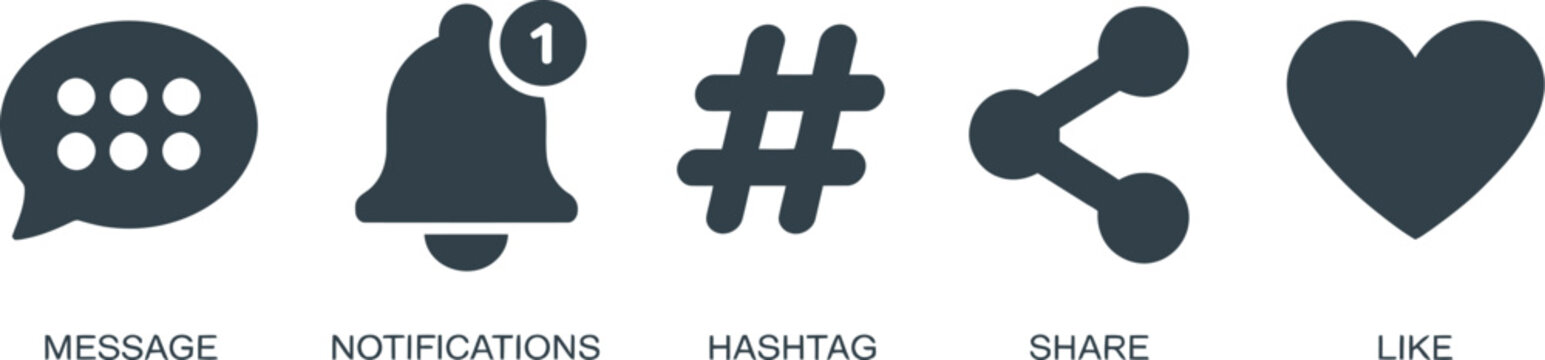 Illustration of message notification hashtag share and like icons in dark gray