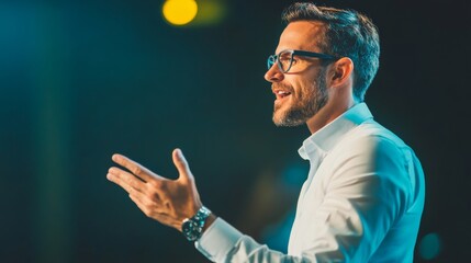 Confident Man with Glasses Giving a Speech On Stage, Public Speaking, Leadership
