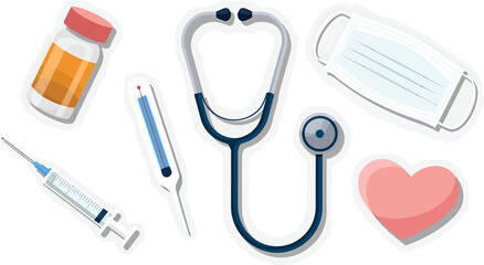 A flat lay of medical equipment including a stethoscope and a syringe mask