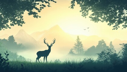 Majestic Deer Family In Misty Meadow With Mountains And Forest: A Serene Green Bookmark With Trees, Animals, And Grass.