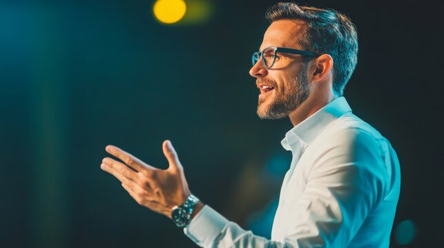 Confident Man with Glasses Giving a Speech On Stage, Public Speaking, Leadership