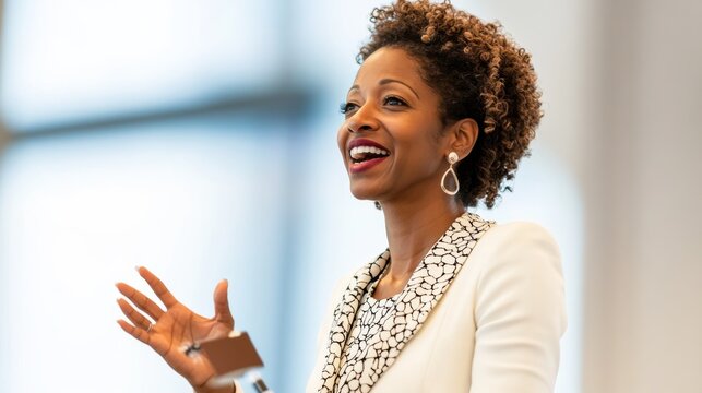 Confident Speaker African-American Woman Presenting with Enthusiasm, leadership, speaker - Powered by Adobe