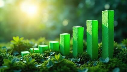 Green bar charts represent positive Eco-investing green investment banking. Data visualization shows financial market growth, eco-friendly investments, sustainable development. Charts rise in rich