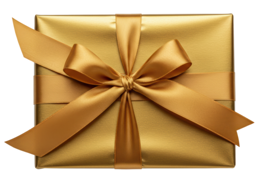 Isolated Elegant Gold Gift Box with Satin Ribbon - Powered by Adobe