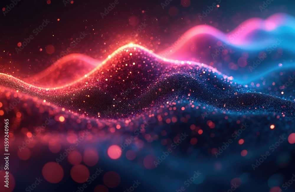 Aufkleber Abstract digital matrix data waveform. Dynamic wave, music visual concept. Artistic illustration features flowing lines, particles in cyberspace network. Futuristic design with vibrant red, blue hues.