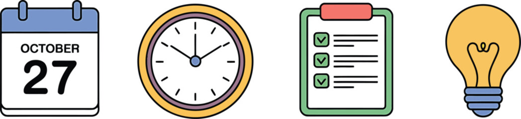 A flat illustration of a calendar clock checklist and lightbulb on gray background
