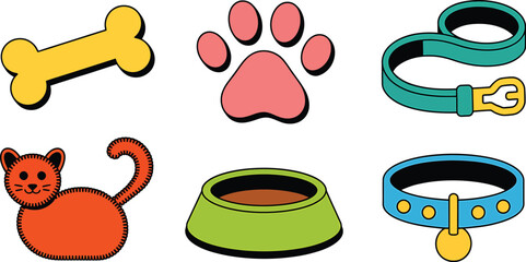 A collection of pet related icons including a bone paw print and cat image