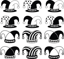 Naklejka premium Jester Hat Vector Set, Black and White Joker Cap Line Art Icons.