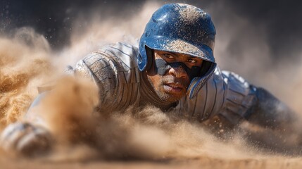 Determined baseball player slides into the base surrounded by a cloud of dust at outdoor baseball field during daytime