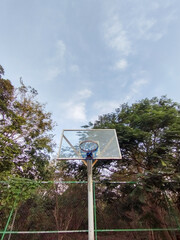A basketball hoop stands outdoors surrounded by dense green trees, with a clear sky overhead