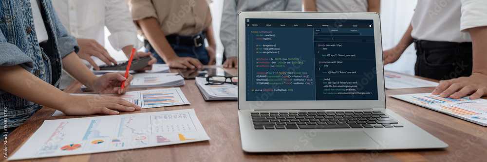 Aufkleber Software development programming on computer screen for brisk application and program coding