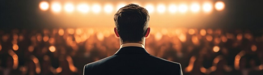 Man facing audience, stage lights. Public speaking, leadership