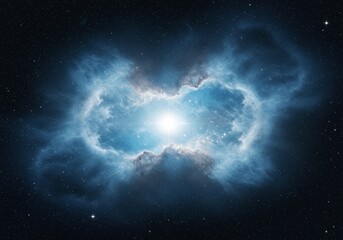 Obraz premium An awe-inspiring digital illustration of a luminous celestial nebula, centered around a brilliant core of light. Expansive clouds of shimmering blue and white gas and dust billow outwards, creating in