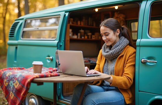 Young woman works remotely from vintage camper van. Digital nomad lifestyle, van life concept. Laptop computer, cozy blanket, coffee cup. Autumn nature, trees background. Freelance, travel, work-life