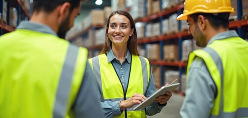 Warehouse team meeting, woman with tablet, men in high-visibility vests. Inventory inspection, stock control, teamwork, logistics, operations management. Dropshipping, storage, tech, business,