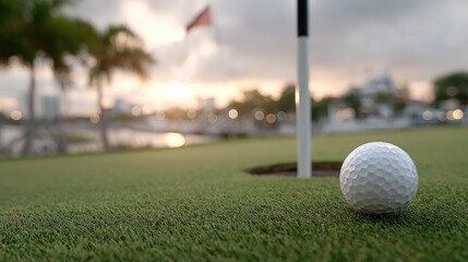 Obraz premium Golf ball positioned near the hole on green grass during sunset, offering ample space for customization and branding opportunities