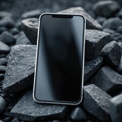 Smartphone resting on pile of dark stones