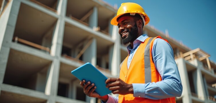 Handsome black civil engineer works on tablet at construction site. Young african man stands outdoors, using computer device for real estate project. Smiling architect surveyor. Modern tech for urban