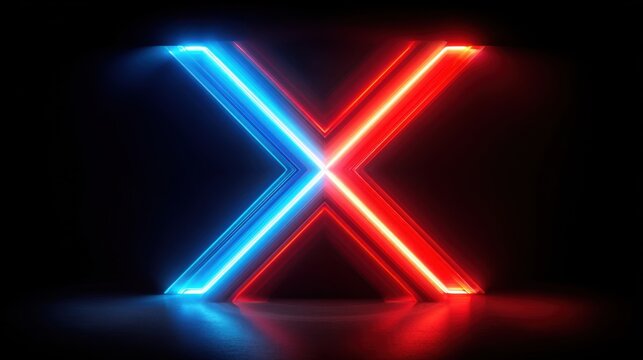 Bright blue and red neon lights intersect in a dark space, creating an eye-catching geometric design. The contrasting colors enhance the dramatic effect, captivating viewers.